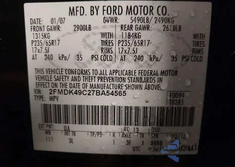 2007 Ford Edge Sel Plus z USA, uszkodzony, nr VIN 2FMDK49C27BA54565